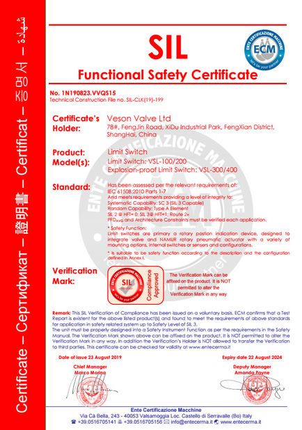 Chine Veson Valve Ltd. certifications
